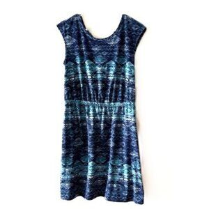 Sonoma Blue Patterned Dress with Cap Sleeves and Elastic Waistband.